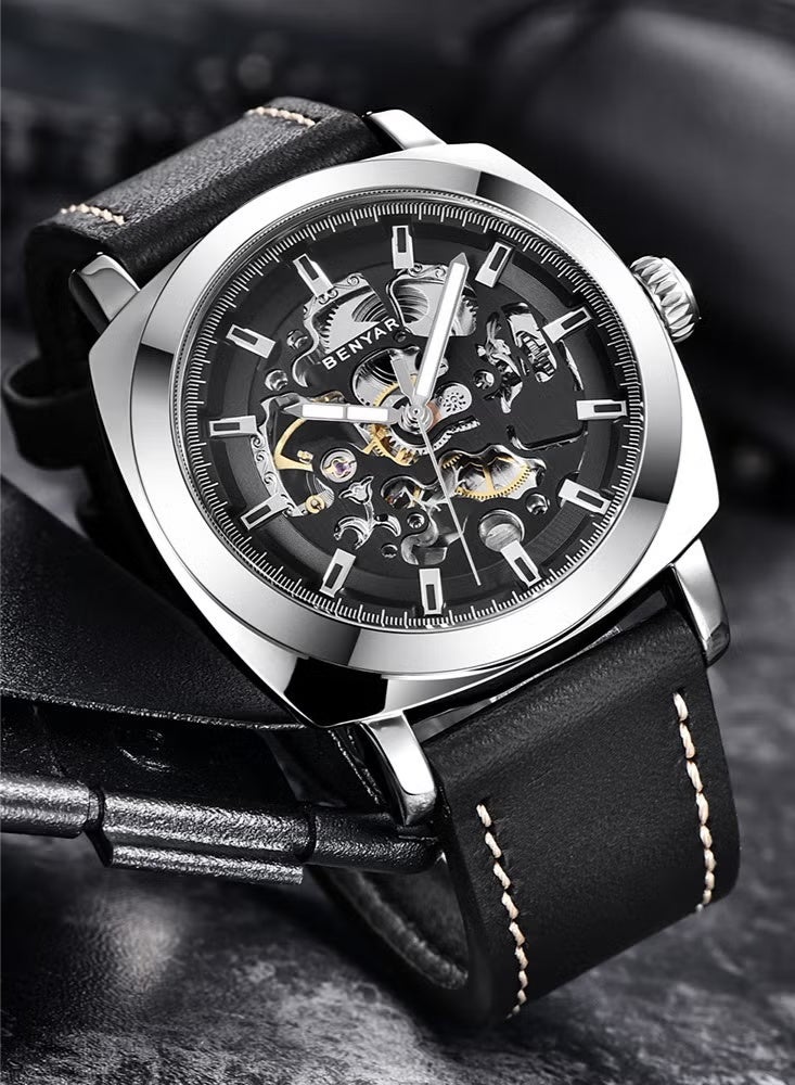 BENYAR Automatic Watches for Men | Skeleton Mechanical Leather Strap Mens Watch | 45mm Dial | 30M Waterproof | Men's Stylish Gift - Image 2